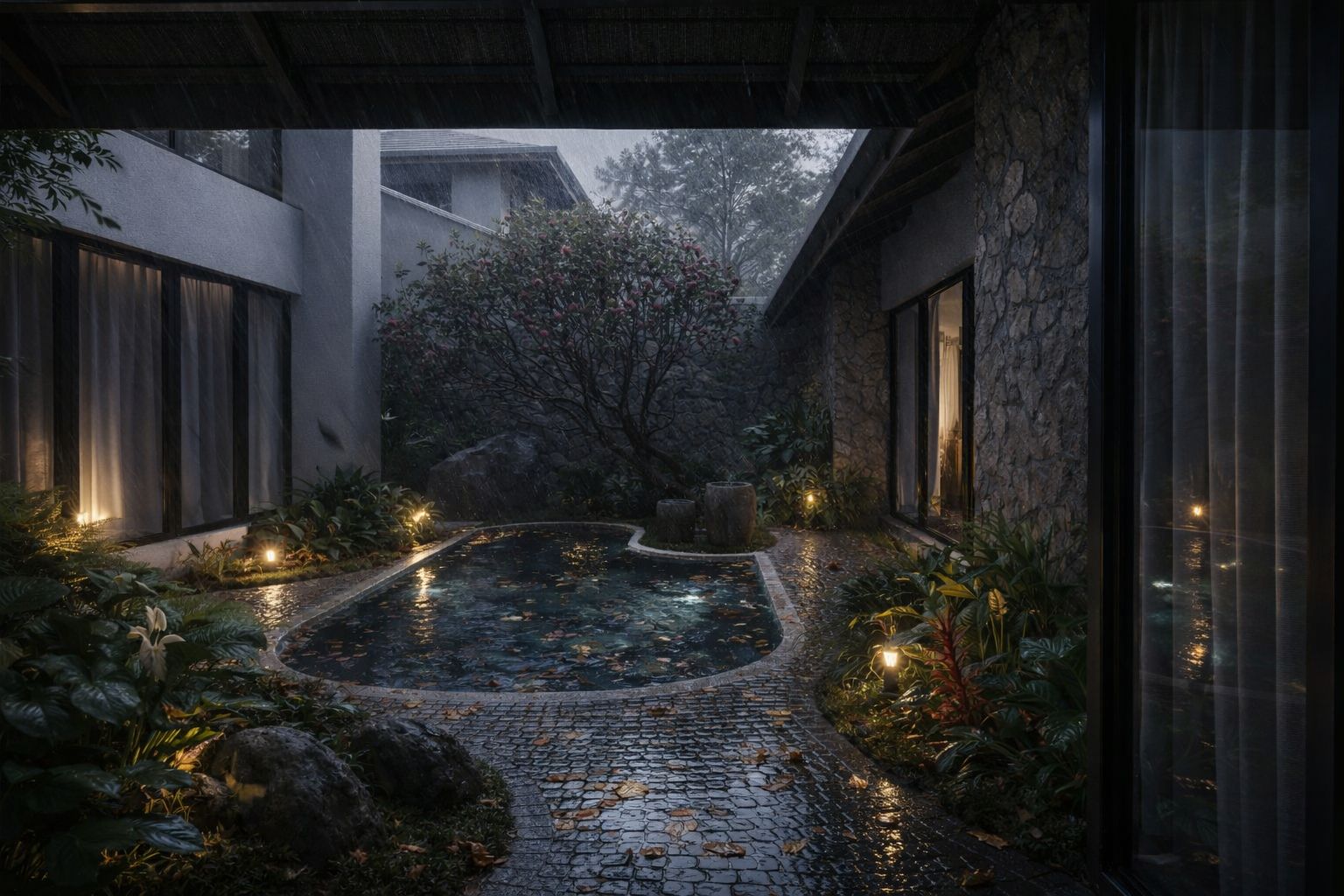 Forest Pool Villa — twilight courtyard